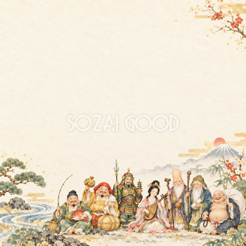 七福神・下隅のまとまりの縁起物背景｜無料イラスト素材 102858