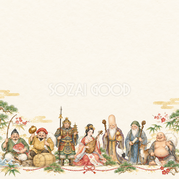 七福神・左下の小さな飾りの縁起物背景｜無料イラスト素材 102860