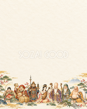 七福神・縦長の左下飾りの縁起物背景｜無料イラスト素材 102862