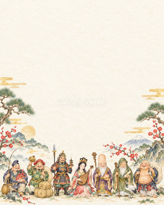 七福神縦長の右下飾り背景 七福神縦長の右下飾り背景