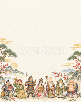 七福神・縦長の右下飾りの縁起物背景｜無料イラスト素材 102863