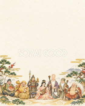七福神・縦長の小さな彩りの縁起物背景｜無料イラスト素材 102864