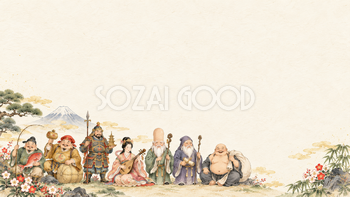 七福神・横長の左飾りの縁起物背景｜無料イラスト素材 102866