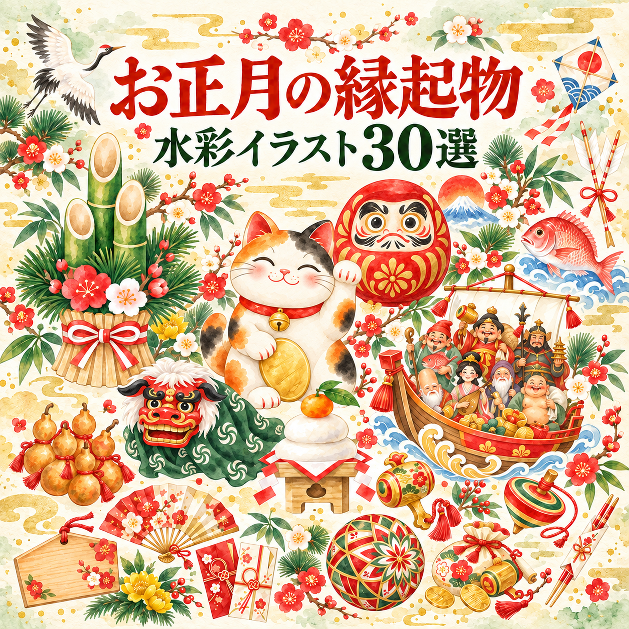 お正月の縁起物イラスト30選｜水彩・背景透過の無料素材 102881に写真・文字を入れる