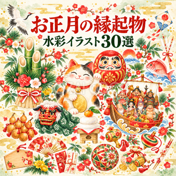 お正月の縁起物イラスト30選｜水彩・背景透過の無料素材 102881