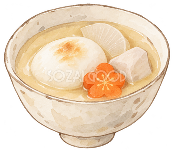 白味噌のお雑煮の水彩イラスト｜お正月の無料素材 102938