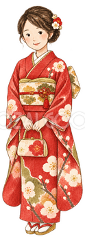 振袖姿の女性の水彩イラスト｜成人式の無料素材 102944