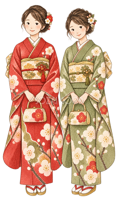 振袖姿の友人二人イラスト 振袖姿の友人二人イラスト