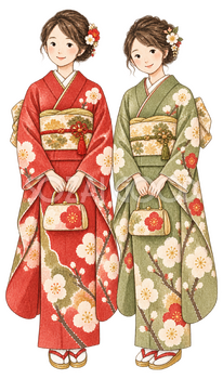 振袖姿の友人二人の水彩イラスト｜成人式の無料素材 102948