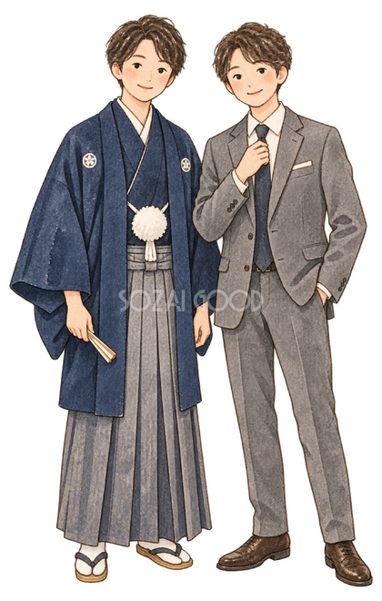 袴とスーツの友人二人イラスト 袴とスーツの友人二人イラスト