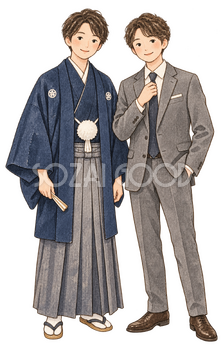 袴とスーツの友人二人の水彩イラスト｜成人式の無料素材 102949