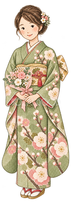 花束を持つ振袖の女性イラスト