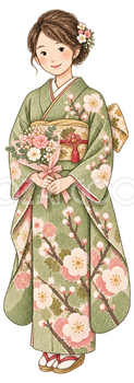 花束を持つ振袖の女性の水彩イラスト｜成人式の無料素材 102951