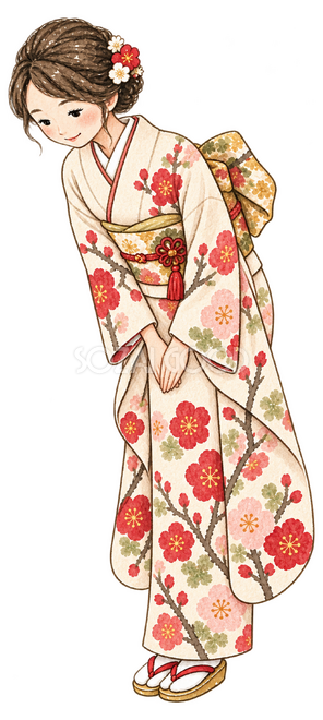 振袖姿でお辞儀する女性イラスト 振袖姿でお辞儀する女性イラスト