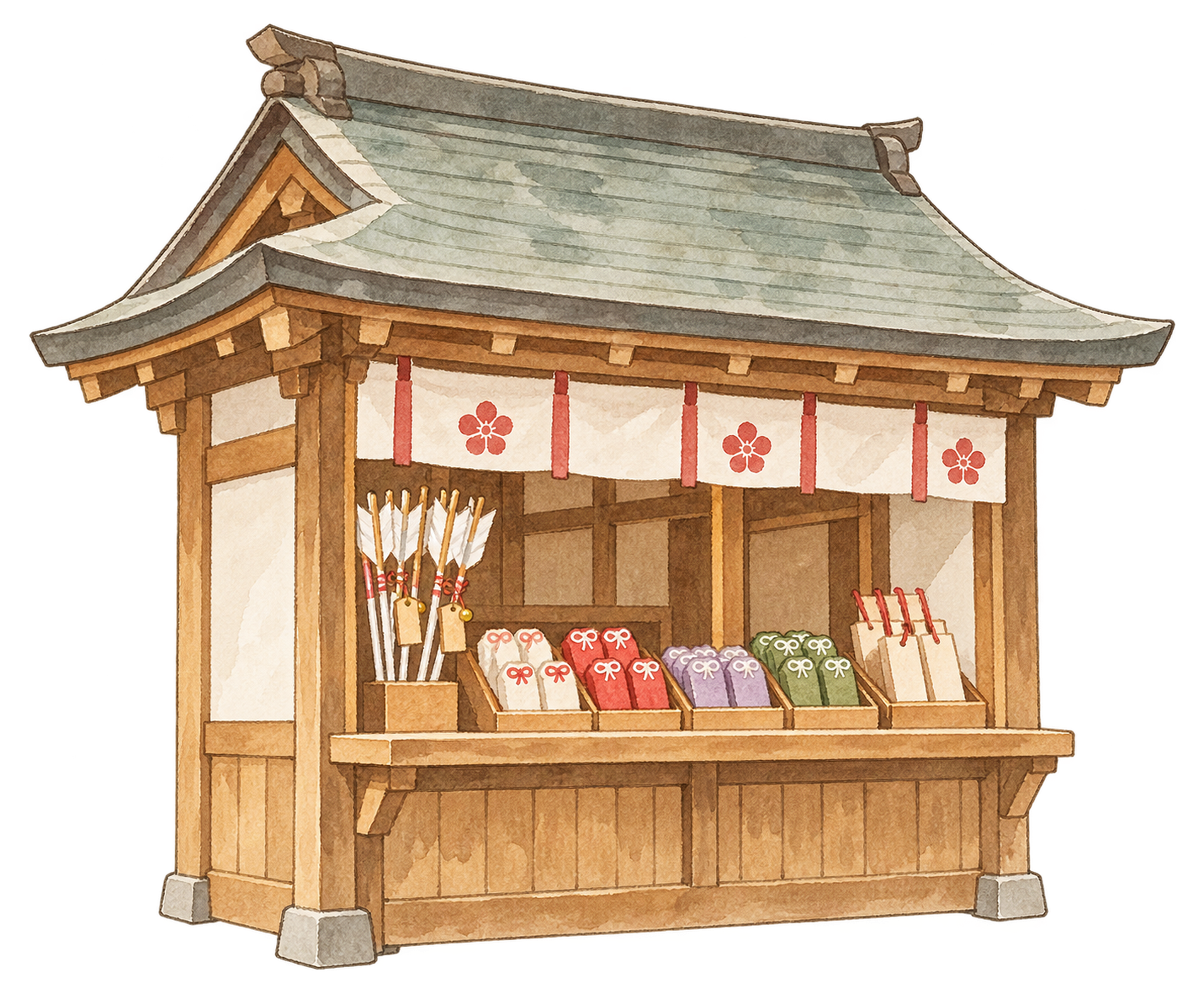 神社の授与所の水彩イラスト｜初詣の無料素材 102974に写真・文字を入れる