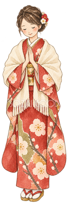 参拝する着物の女性イラスト 参拝する着物の女性イラスト