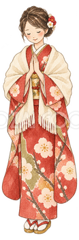 参拝する着物の女性の水彩イラスト｜初詣の無料素材 102976