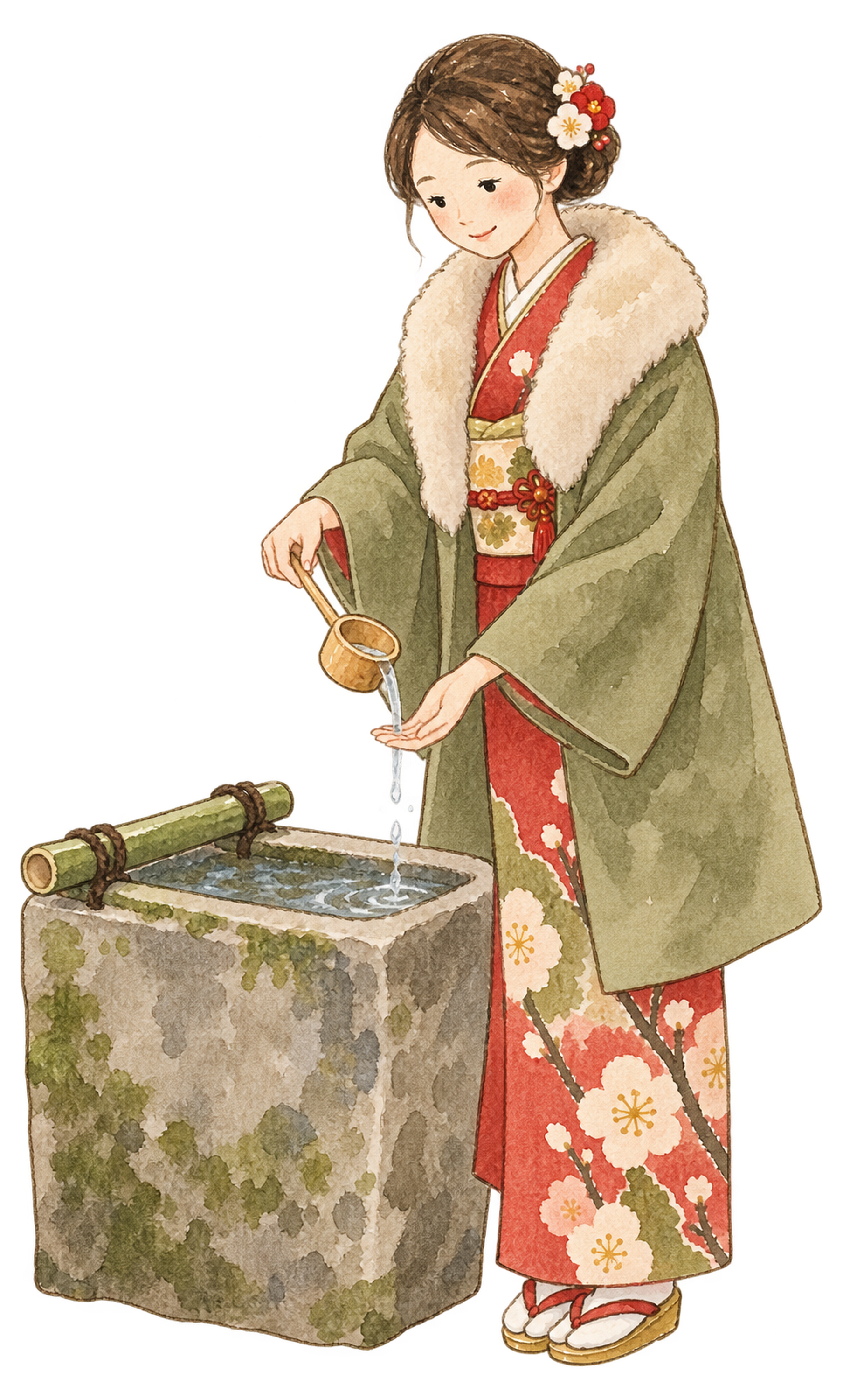 手水で手を洗う女性の水彩イラスト｜初詣の無料素材 102979に写真・文字を入れる