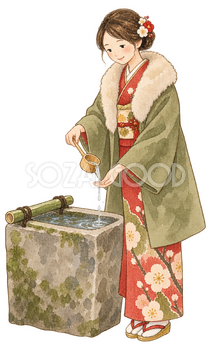 手水で手を洗う女性の水彩イラスト｜初詣の無料素材 102979