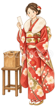 おみくじを引く女性の水彩イラスト｜初詣の無料素材 102980