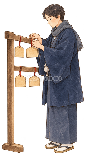 絵馬を掛ける男性イラスト