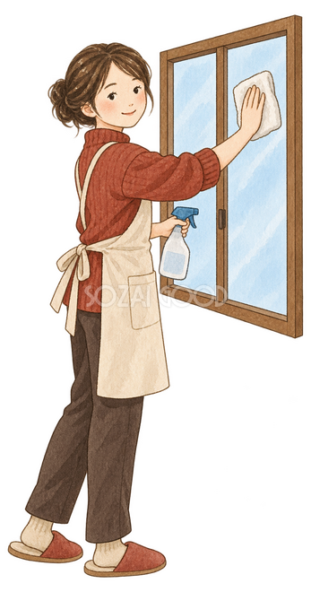 窓拭きをする女性イラスト 窓拭きをする女性イラスト
