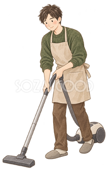掃除機をかける男性の水彩イラスト｜大掃除の無料素材 102987