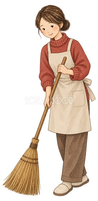 ほうきで掃く女性イラスト