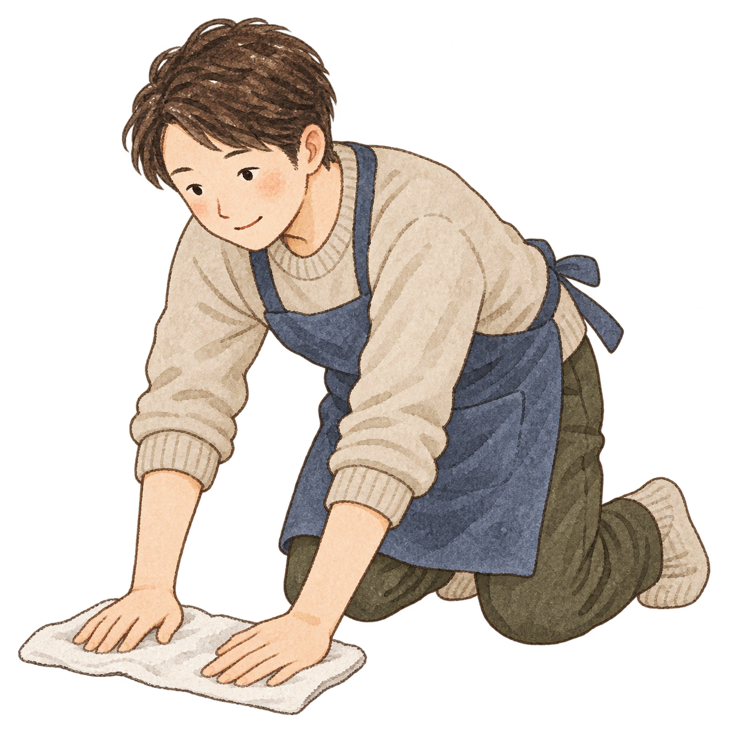 床を雑巾がけする男性の水彩イラスト｜大掃除の無料素材 102989に写真・文字を入れる