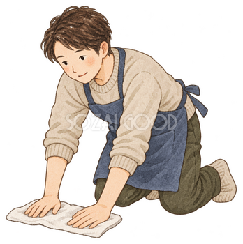 床を雑巾がけする男性の水彩イラスト｜大掃除の無料素材 102989