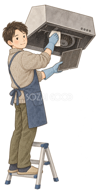 換気扇を掃除する男性イラスト 換気扇を掃除する男性イラスト