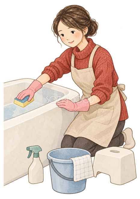 浴室を洗う女性イラスト 浴室を洗う女性イラスト