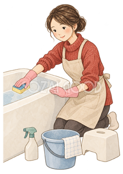 浴室を洗う女性の水彩イラスト｜大掃除の無料素材 102992