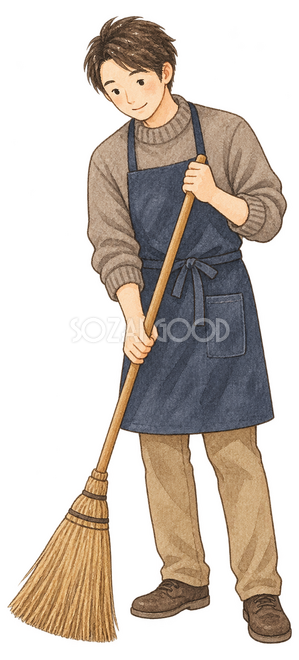 玄関を掃く男性イラスト