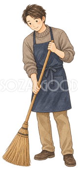 玄関を掃く男性の水彩イラスト｜大掃除の無料素材 102993