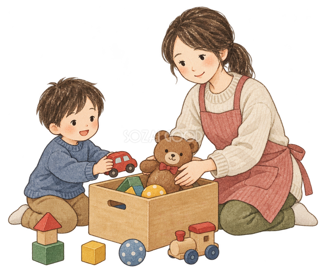 親子でおもちゃを片付けるイラスト