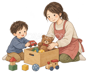 親子でおもちゃを片付けるの水彩イラスト｜大掃除の無料素材 102994