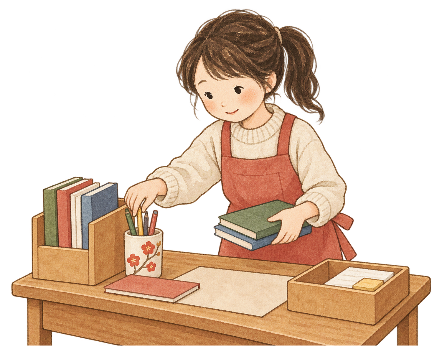 机を整理する子どもの水彩イラスト｜大掃除の無料素材 102996に写真・文字を入れる