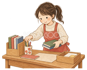 机を整理する子どもの水彩イラスト｜大掃除の無料素材 102996