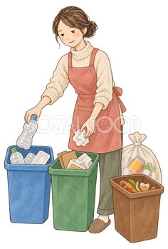 ゴミを分別する女性の水彩イラスト｜大掃除の無料素材 102997