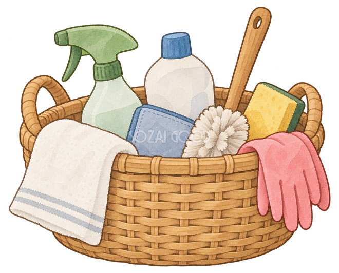 掃除道具を入れた籠イラスト
