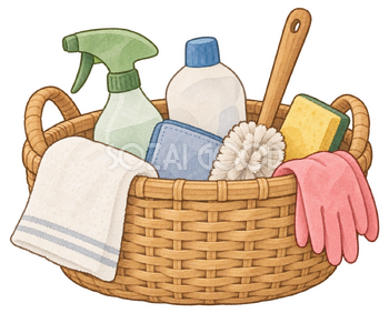 掃除道具を入れた籠の水彩イラスト｜大掃除の無料素材 103008