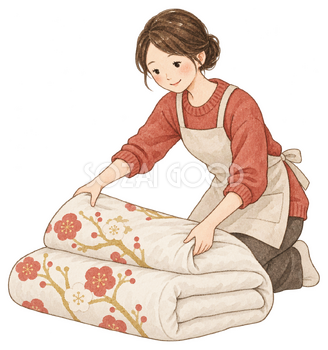 布団をたたむ女性の水彩イラスト｜大掃除の無料素材 103010