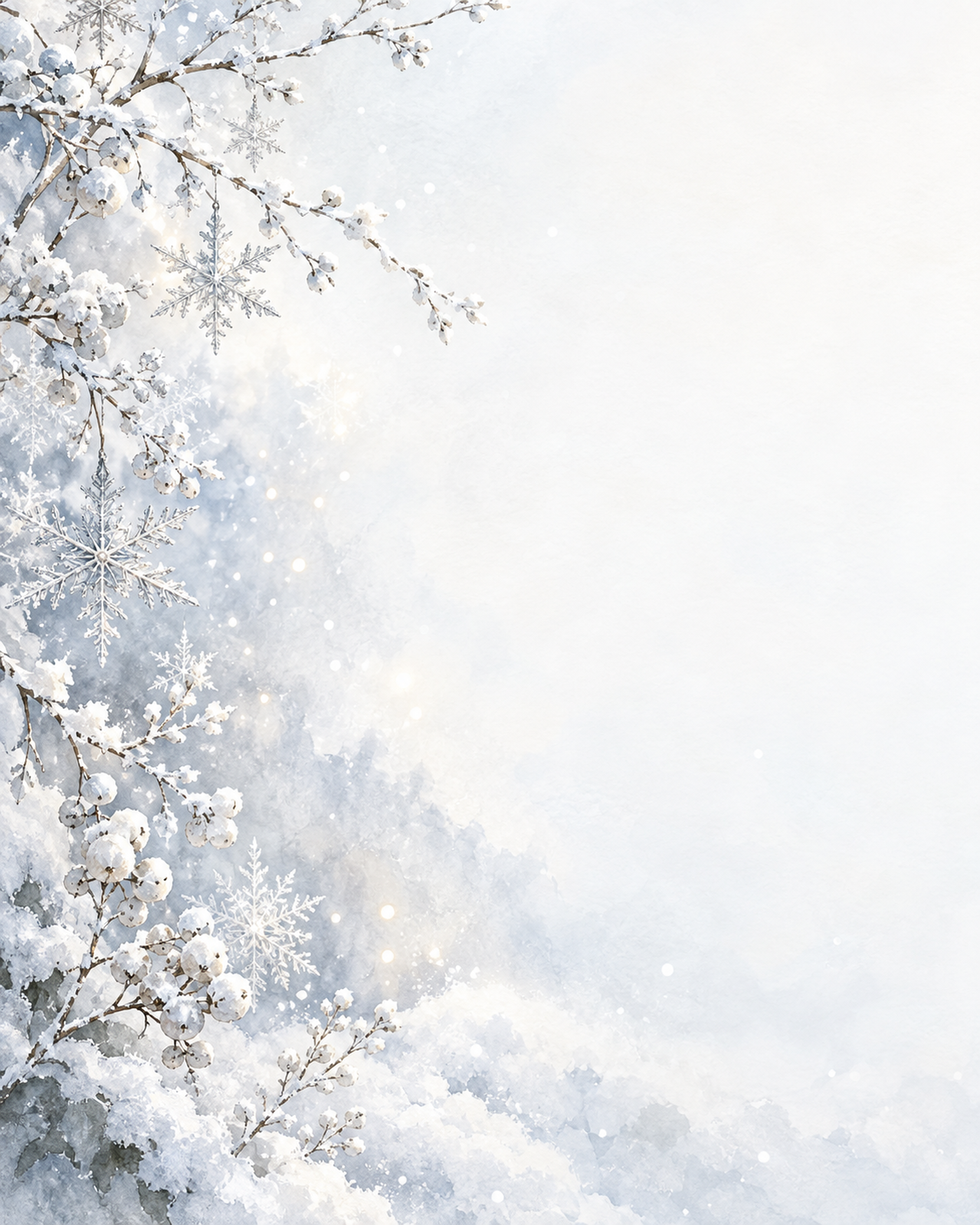 雪の結晶と白銀・縦長・片側の彩り｜文字なしの無料背景イラスト素材 103019に写真・文字を入れる
