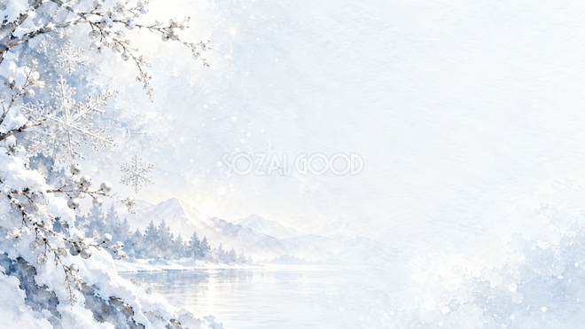雪の結晶と白銀・横長・片側 雪の結晶と白銀・横長・片側