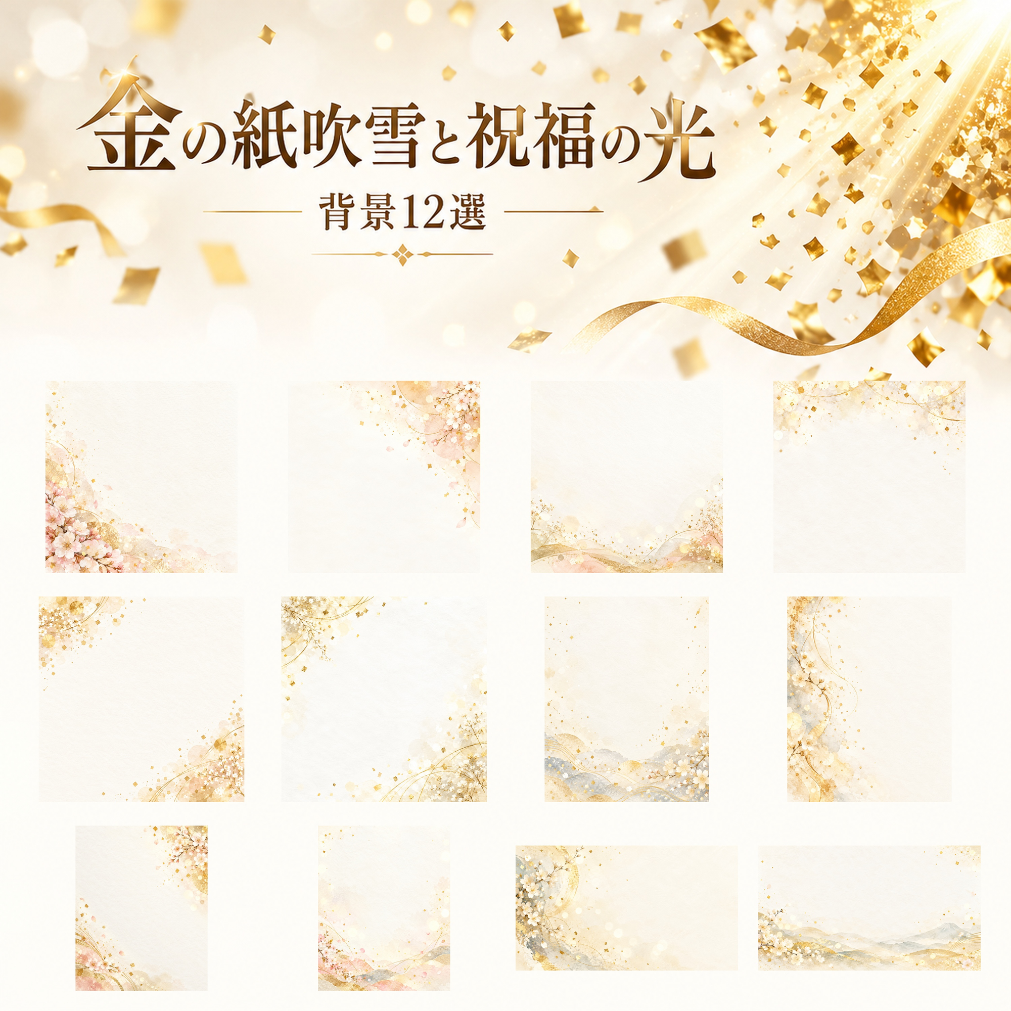 金の紙吹雪と祝福の光12選｜文字なしの無料背景イラスト素材 103063に写真・文字を入れる
