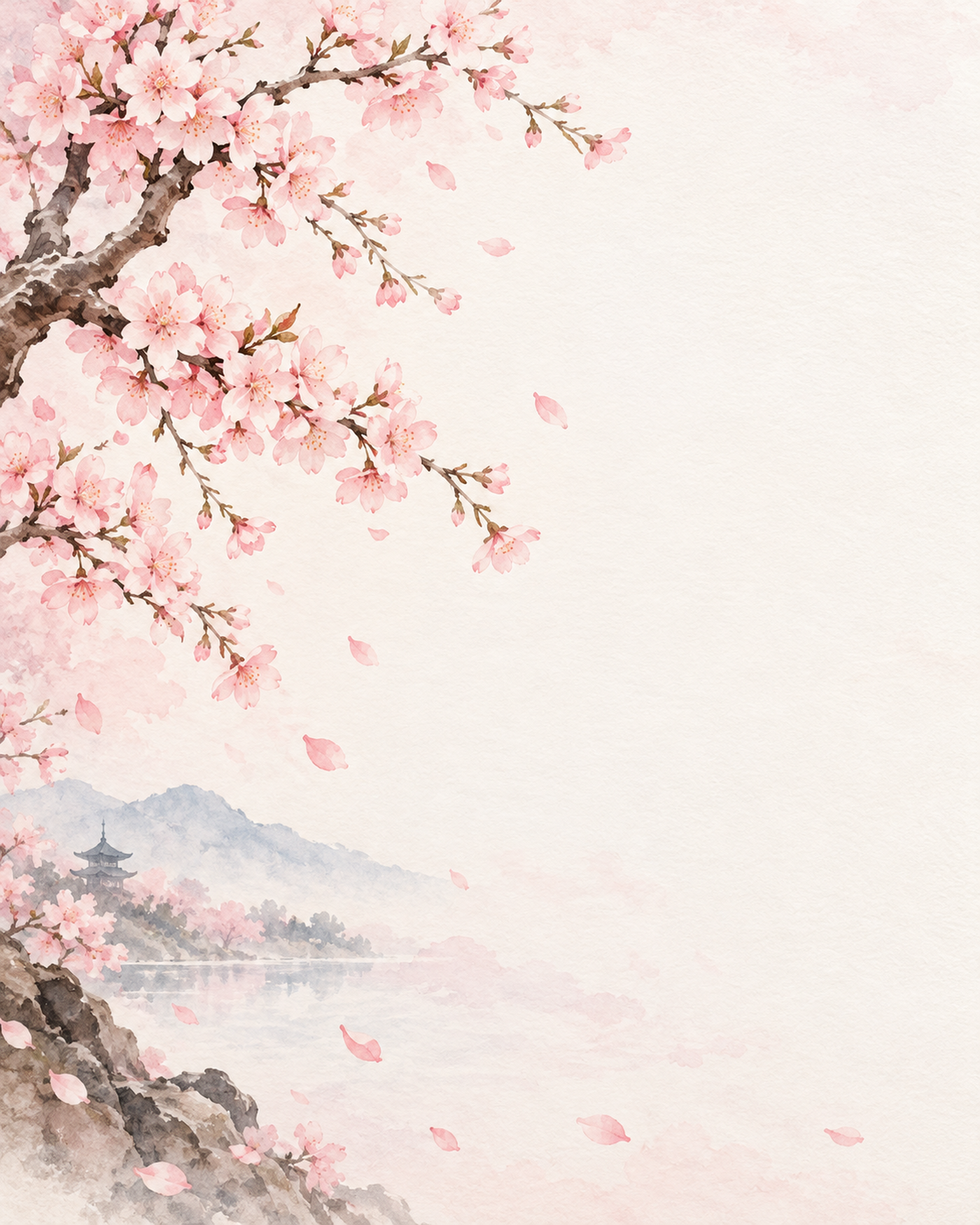 春のお祝い・桜の花びら・縦長・片側の彩り｜文字なしの無料背景イラスト素材 103084に写真・文字を入れる