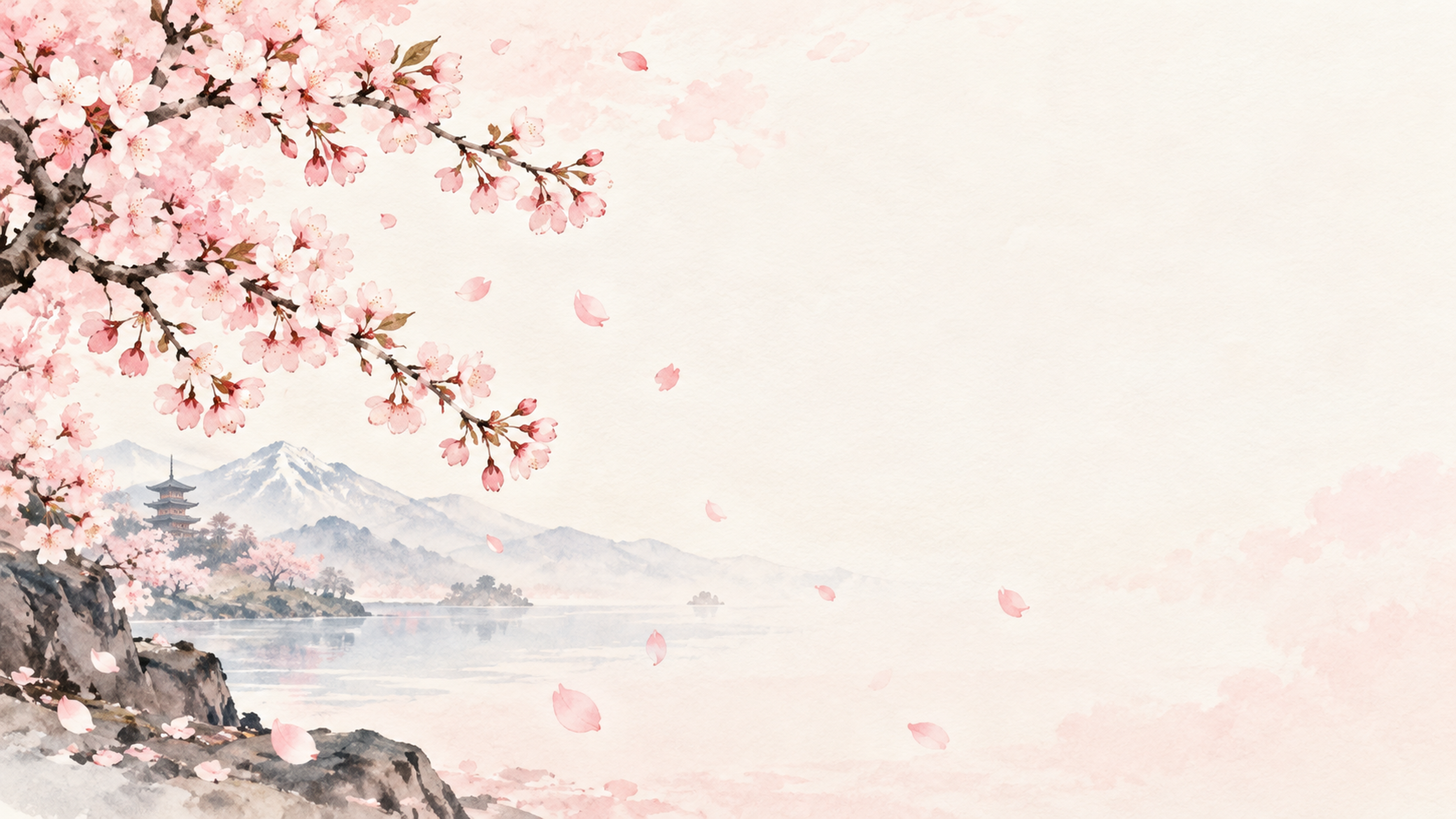 春のお祝い・桜の花びら・横長・片側の彩り｜文字なしの無料背景イラスト素材 103087に写真・文字を入れる