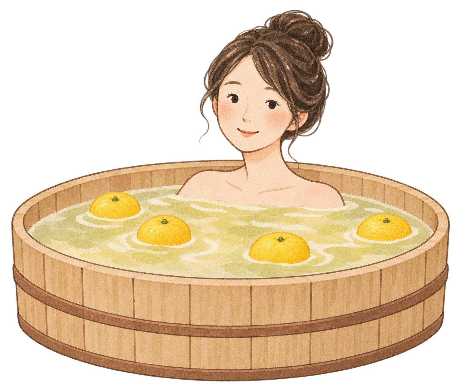 ゆず湯で温まる成人女性の水彩イラスト｜冬至の無料素材 103174に写真・文字を入れる