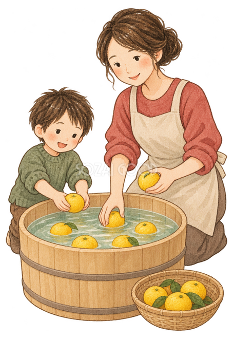 ゆずを浴槽へ入れる親子イラスト